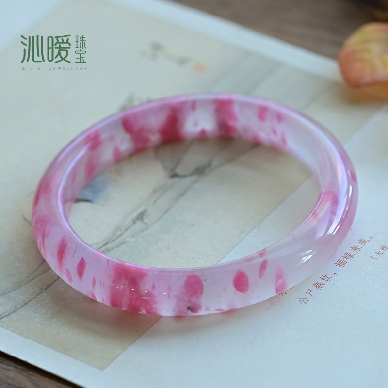 蔷薇辉手镯樱花雨冰种红飘花意境玫瑰石玉化料天然粉水晶少女饰品