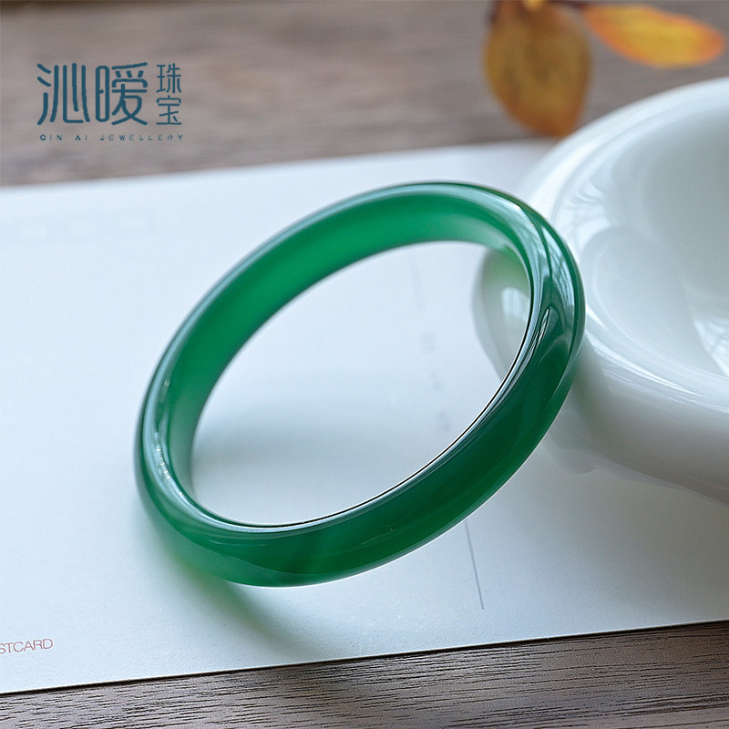 天然绿玛瑙手镯辣绿色玉髓细款女