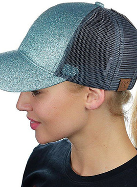 2018年外贸新款女士夏季马尾棒球帽 亮片CC后开口马尾网帽子 现货