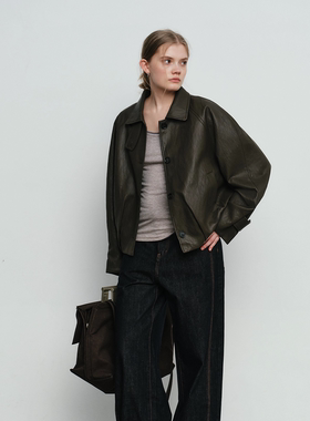 Aevum Form 2025秋冬新款蛋白皮短款花苞型立领外套皮衣