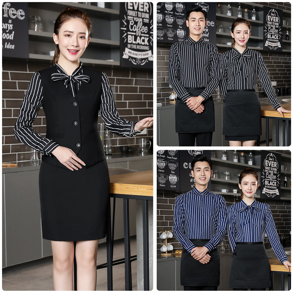饭厅服务员工作服条纹衬衫男女酒吧咖啡厅火锅店西餐厅工装制服秋