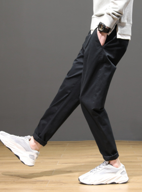 黑色休闲裤男显腿长百搭显瘦九分小脚裤纯棉微弹修身裤子男简单款