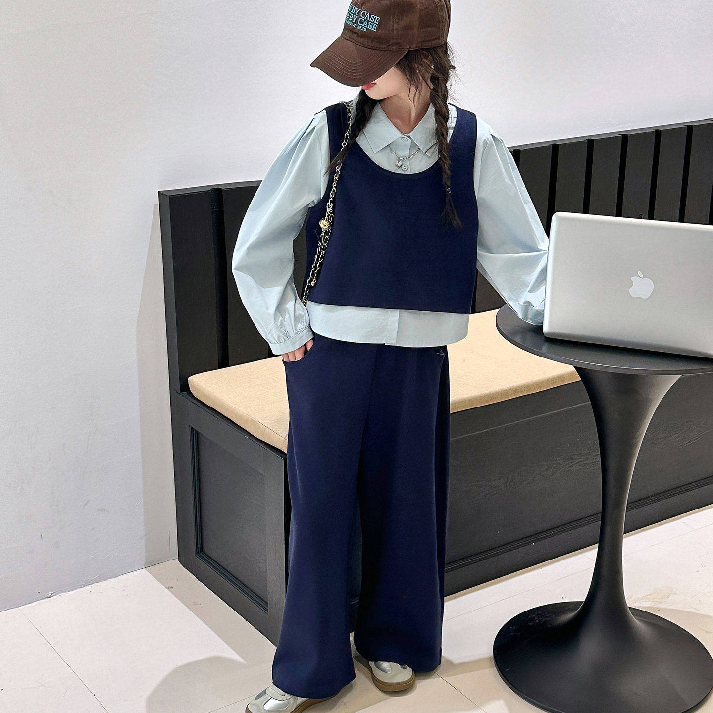 2026春秋女童休闲套装新款女孩儿童时髦潮酷藏青洋气阔腿裤两件套