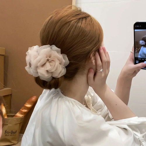 韩系柔纱花朵抓夹女高级感鲨鱼夹子半扎发绝美发夹丸子头马尾发饰