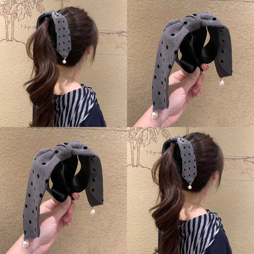 韩国格雷灰色复古波点珍珠蝴蝶夹