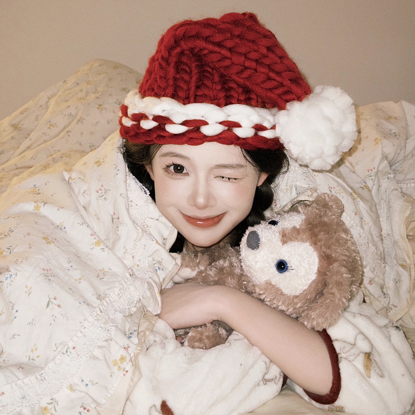 美丽氛围~圣诞氛围感红色毛线圣诞帽子节日装扮头饰成人拍照道具