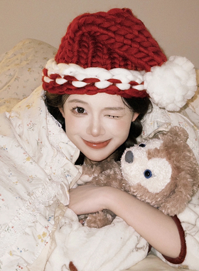 美丽氛围~圣诞氛围感红色毛线圣诞帽子节日装扮头饰成人拍照道具