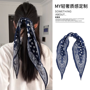 韩系复古风藏青色腰果花绑发丝巾发带头绳扎头发的飘带发圈头饰女