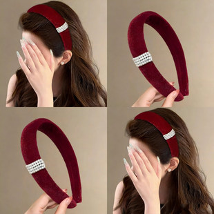 热烈巴菲~复古红色珍珠细闪丝绒发箍高颅顶新年氛围港风气质发卡