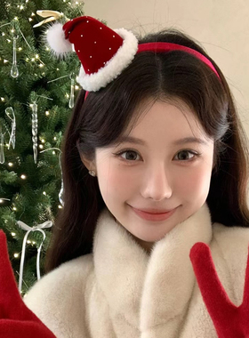 可爱圣诞节波点红色圣诞帽发箍女款秋冬高级时尚圣诞头箍发卡头饰