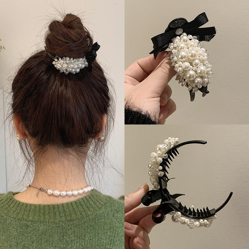 复古气质蝴蝶结满珍珠丸子头头饰抓夹奢华奢侈高端精致低马尾发夹