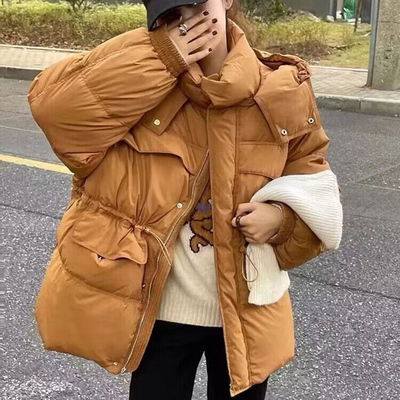 羽绒服女中长款冬季2024新款韩版高级感面包服连帽抽绳小个子