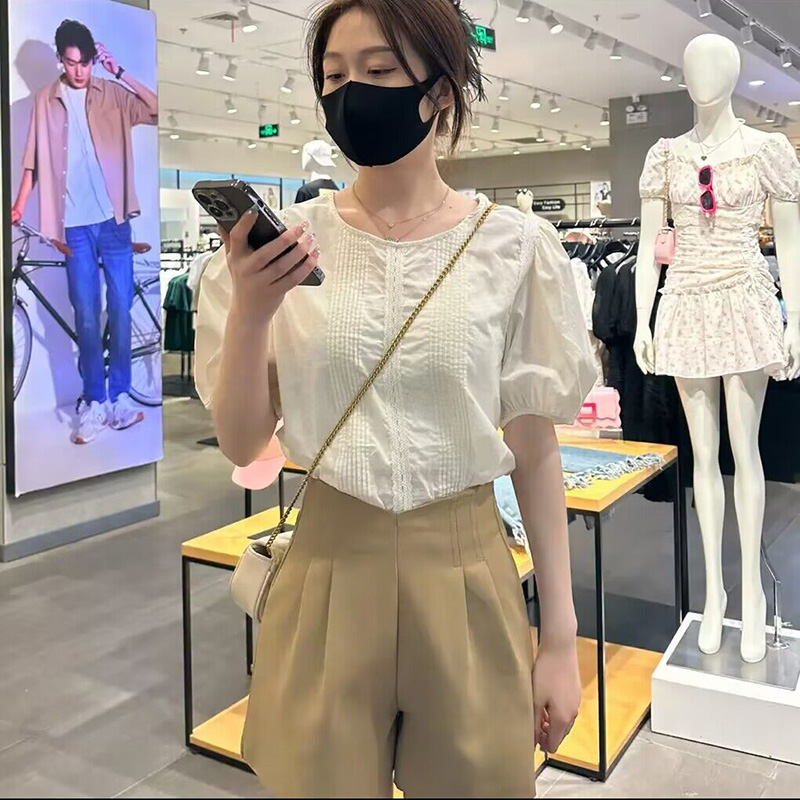 韩版灯笼袖T恤女2023夏季新款圆领宽松显瘦时尚短袖白色上衣通勤