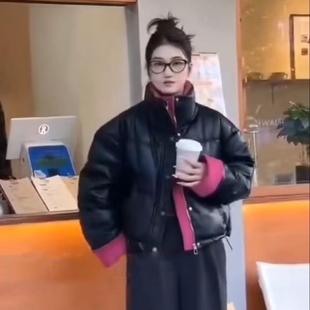 韩版时尚撞色立领pu皮羽绒服女2025冬新款休闲拼接白鸭绒保暖外套