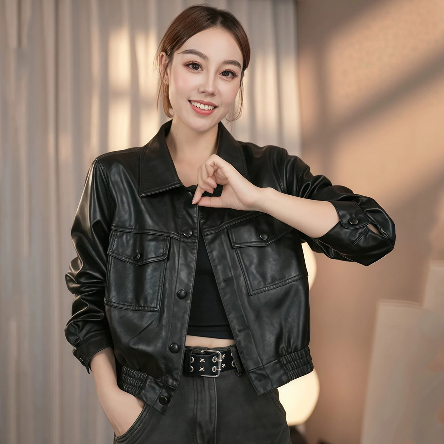 复古新款时尚设计感短款PU皮衣