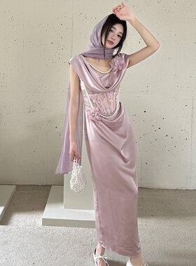 Made 时光恋人 法式浪漫设计感重工紫色缎面光感鱼骨连衣裙夏