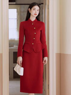 至禾【倾城】红色敬酒服订婚穿搭双面毛呢小香风套装裙女