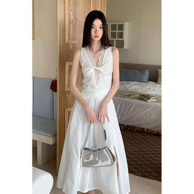 法式夏季V领蕾丝连衣裙女