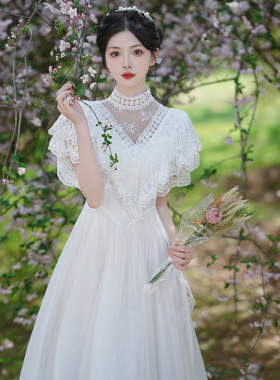 法式复古vintage古董轻婚纱订婚礼服白色仙女长裙公主领证连衣裙