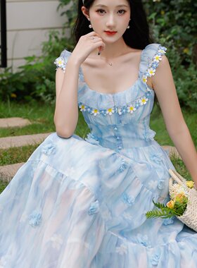 Acan蓝色长款雪纺印花小飞袖吊带连衣裙女夏季法式甜美显瘦裙子