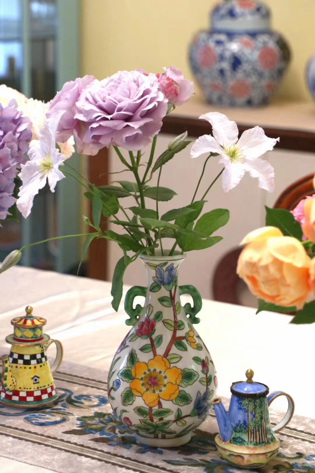 小花瓶高两河手绘仿古粉彩瓷器插花摆件桌面茶宠送礼出口外贸尾单