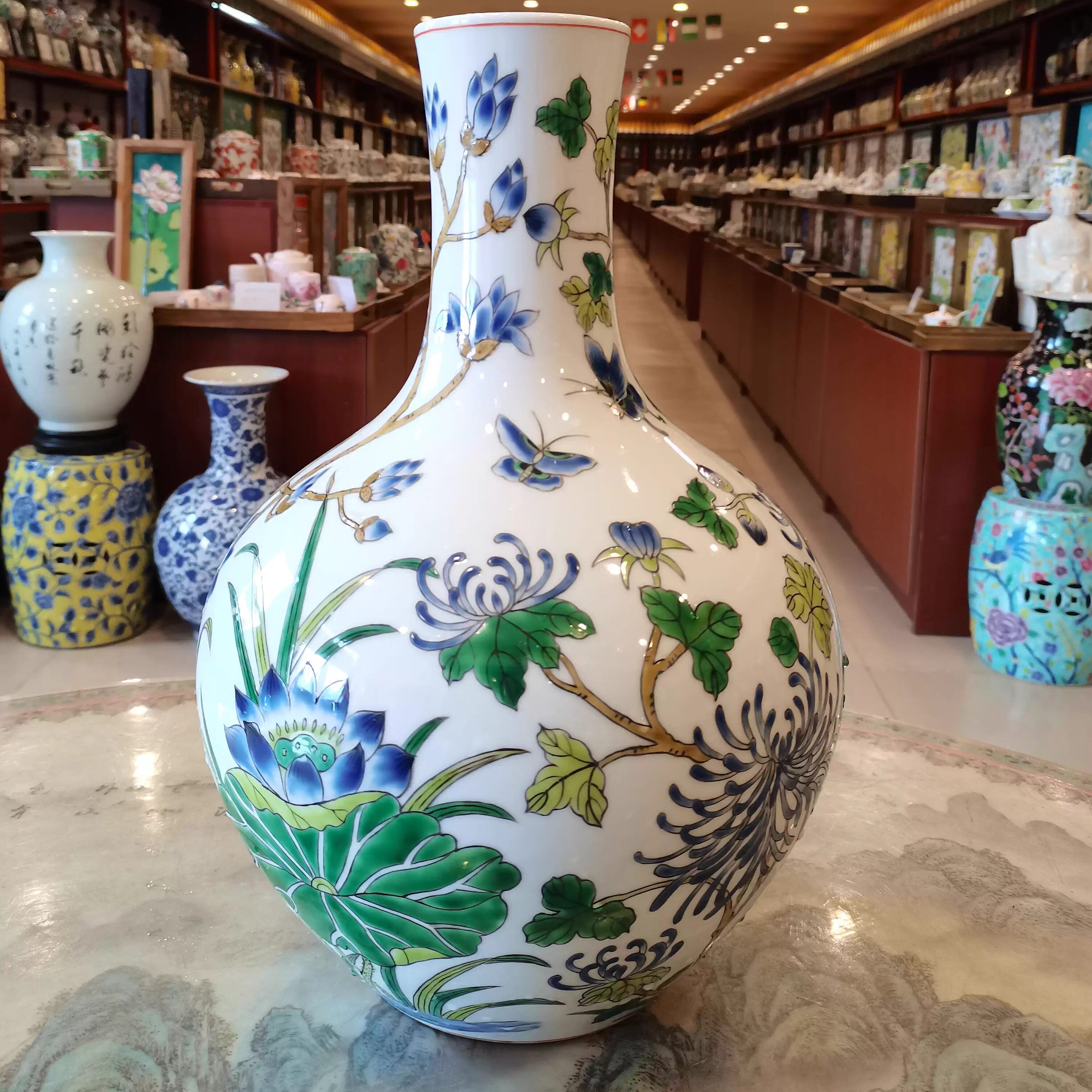 大小天球瓶高两河手绘瓷器仿古花瓶摆件新中式桌面玄关条案插花瓶