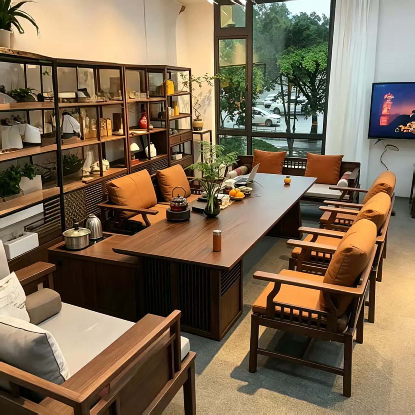 新中式实木茶桌2026新款客厅沙发罗汉床组合办公家用黑胡桃木茶台图片
