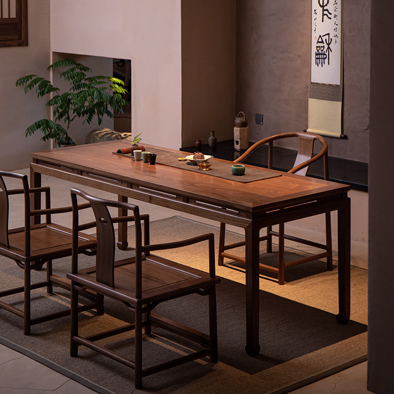 新中式茶桌椅组合一桌五椅黑胡桃木实木泡茶桌书桌一体两用,住宅家具,家用茶台/茶桌,淘宝优惠券,粉丝福利购,淘宝优惠卷