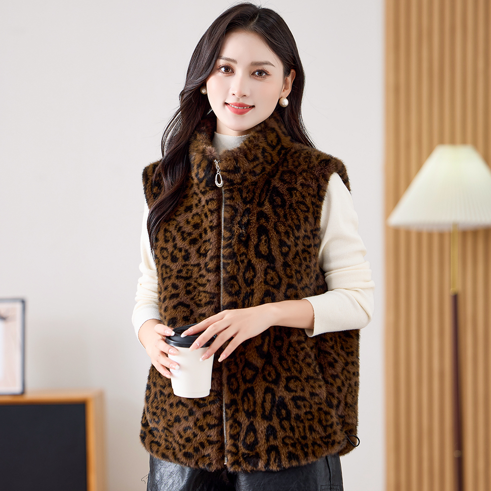 豹纹皮草马甲女立领拉链短款