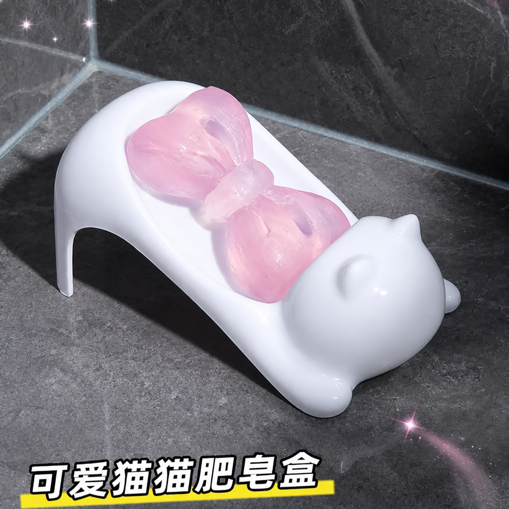 卡通猫咪塑料肥皂盒创意可爱浴室香皂盒置物架洗手台卫生间沥水盒