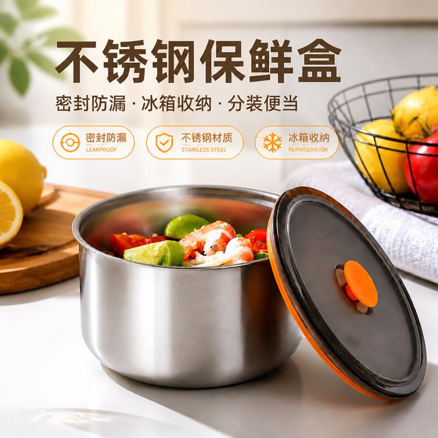 不锈钢保鲜盒家用冰箱收纳盒图片