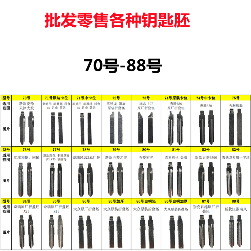 70号-88号钥匙胚汽车折叠遥控器后加装子机金属头钥匙头胚子钥匙