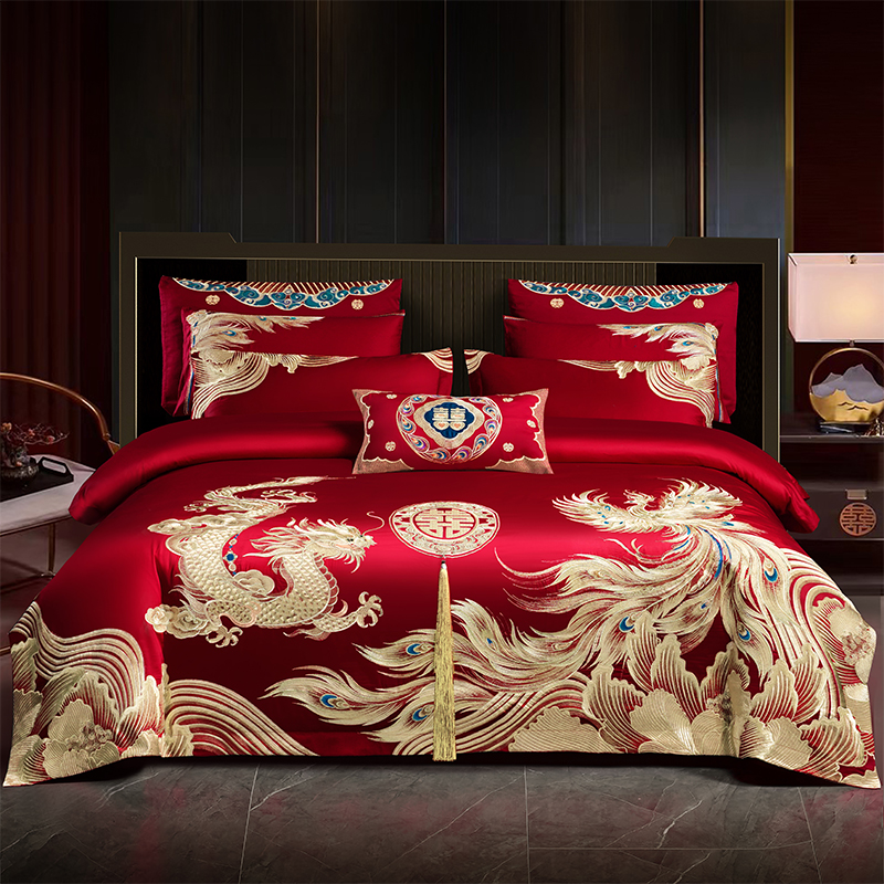 100%棉重工刺绣大红色婚庆四件套