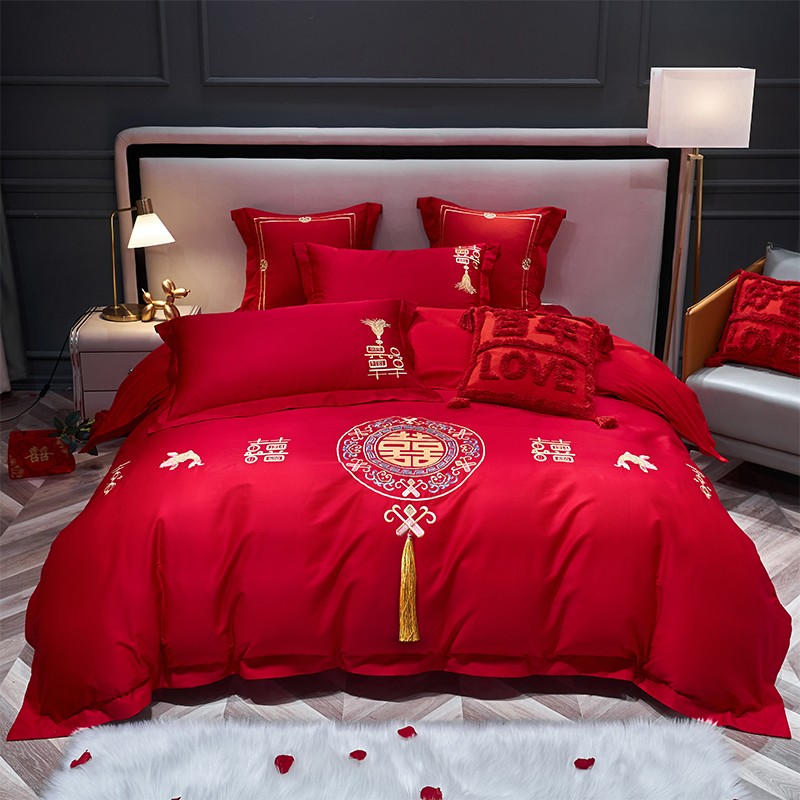 高档中式简约婚庆四件套大红色欧式刺绣被套结婚陪嫁送人婚房床品