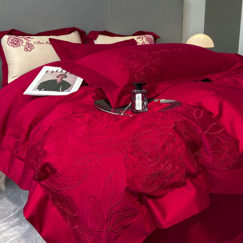 120支长绒棉婚庆四件套大红全棉