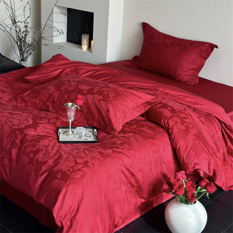 100S长绒棉贡缎提花婚庆四件套结婚红色全棉被套纯棉婚嫁床上用品