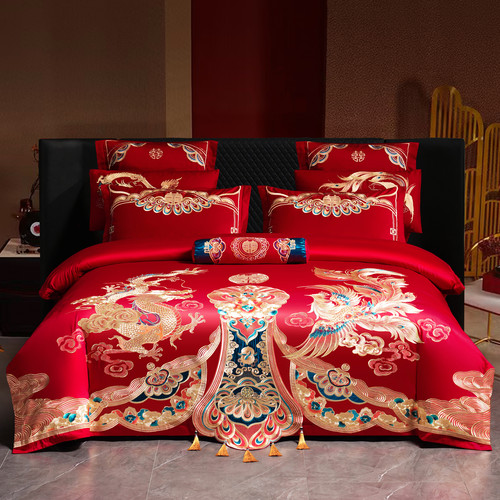 120S大红新疆长绒棉龙凤刺绣被套