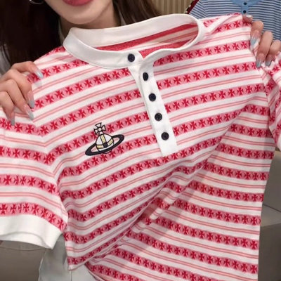 夏季条纹POLO领短袖T恤女爆款
