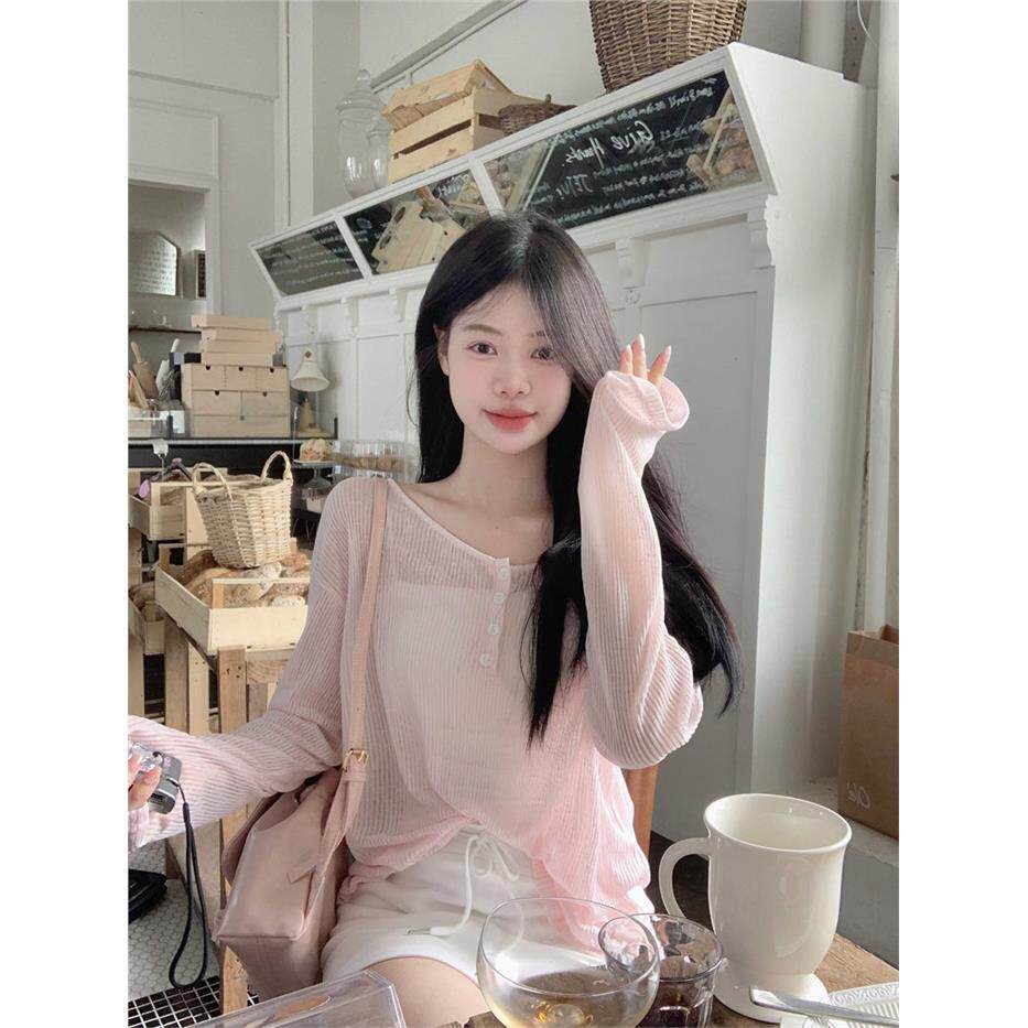 设计感后背镂空系带粉色T恤长袖防晒罩衫女夏季小众显瘦薄款上衣