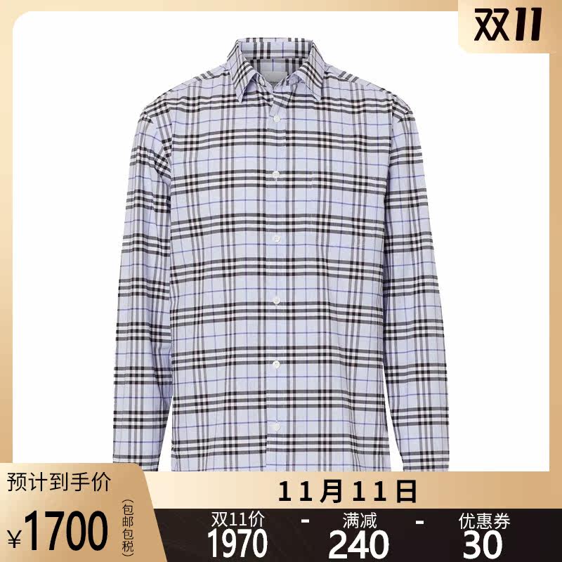 正品BURBERRY/巴宝莉长袖衬衫男经典格纹棉质翻领衬衣休闲男装GK