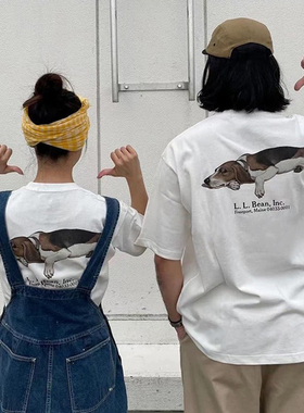 LLBEAN联名BEAMS日系美式复古动物印花短袖户外休闲宽松情侣装T恤