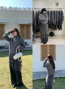 韩系高级灰色毛衣不规则拉链和网纱拼接加绒裤