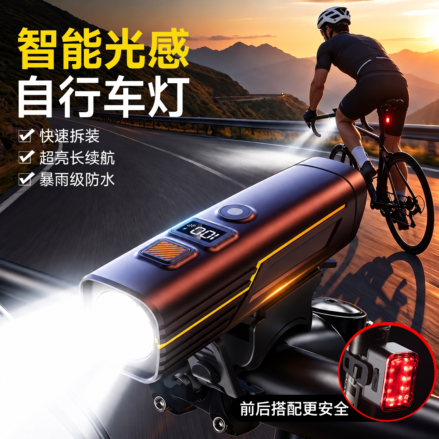 自行车夜骑灯车灯长续航骑行灯夜间照明灯单车夜行山地公路强光款
