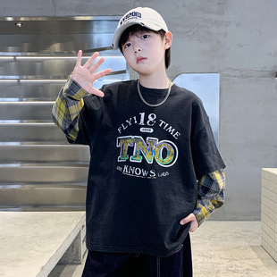 童装男童痞帅假两件长袖t恤春秋款2025新款中大儿童秋季街舞上衣