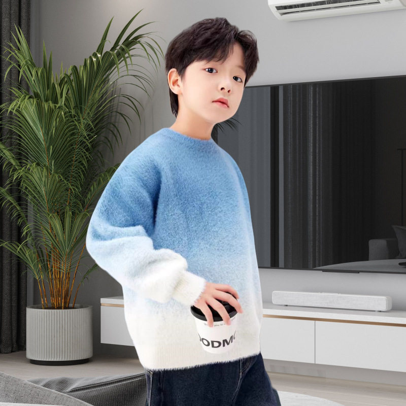 男童水貂绒加厚毛衣2025秋冬新款中小童渐变色保暖圆领打底针织衫