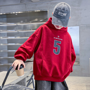 童装男童秋装红色连帽卫衣2025新款儿童男孩春秋款宽松长袖上衣