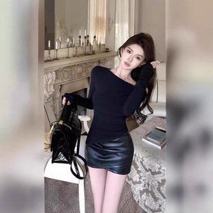 辣妹風長袖 顯瘦T恤女網紅ins潮流春秋斜肩別致露肩上 不規則修身