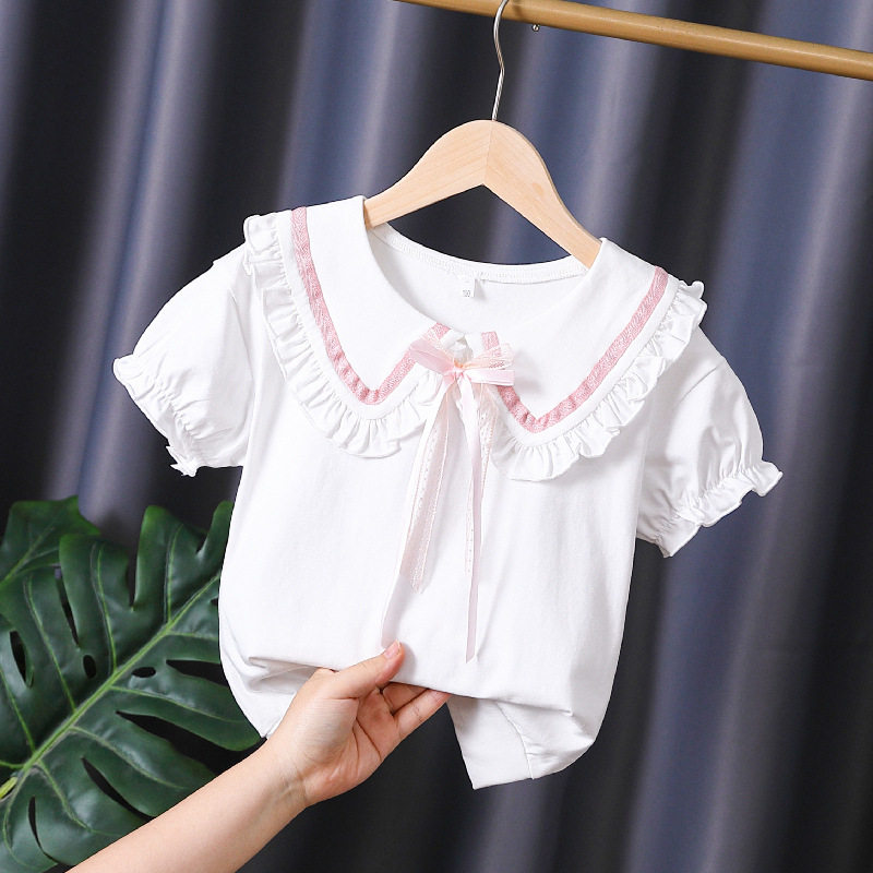 童装女童夏季上衣儿童短袖洋气纯棉木耳边娃娃领公主t恤T恤衫白色
