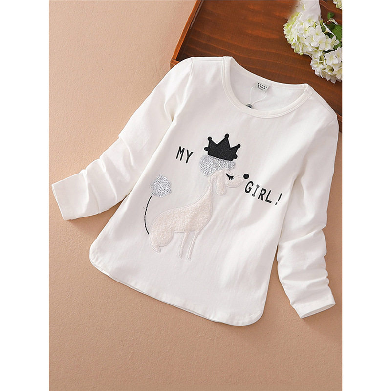 长袖t恤女童春秋薄款纯棉打底衫儿童装套头圆领印花上衣白色秋装