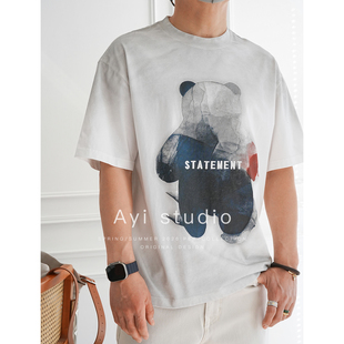 高街卡通彩绘小熊印花短袖 宽松痞帅圆领衫 T恤男夏季 新款 时尚 美式